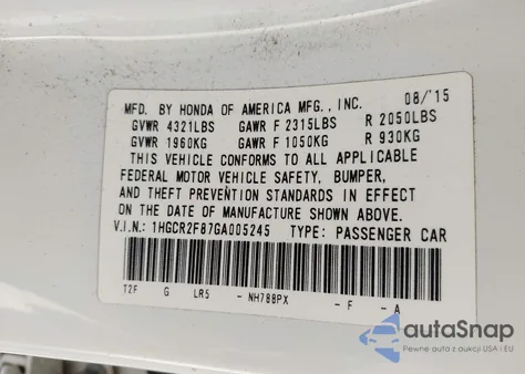 2016 Honda Accord Ex-L from USA, damaged, VIN 1HGCR2F87GA005245